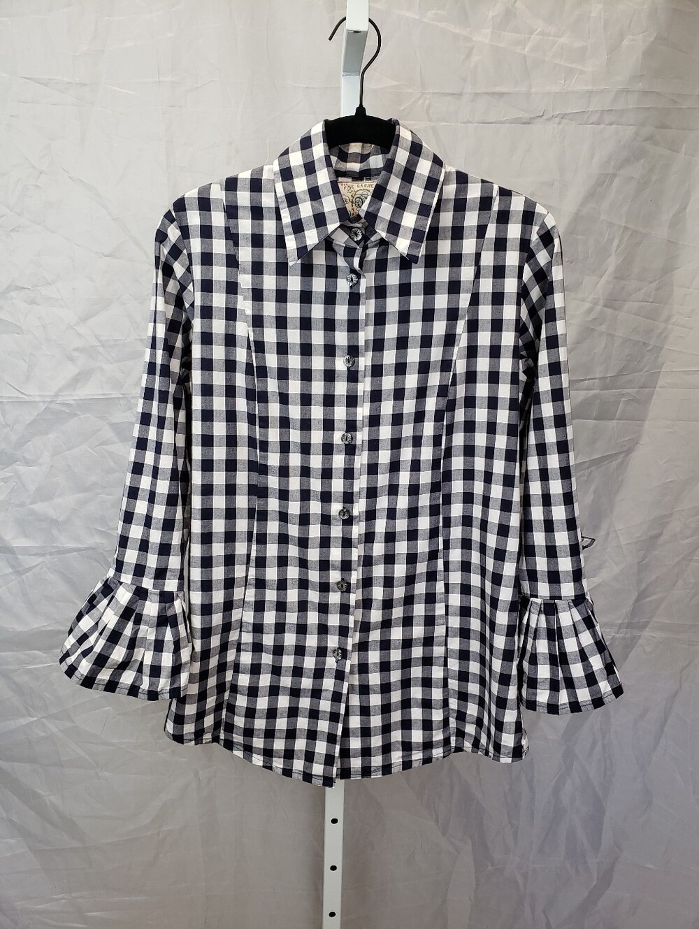 Anthro Fine Garments by Bell Gingham Button Down Blouse Pleated Fan Cuff Navy 4
